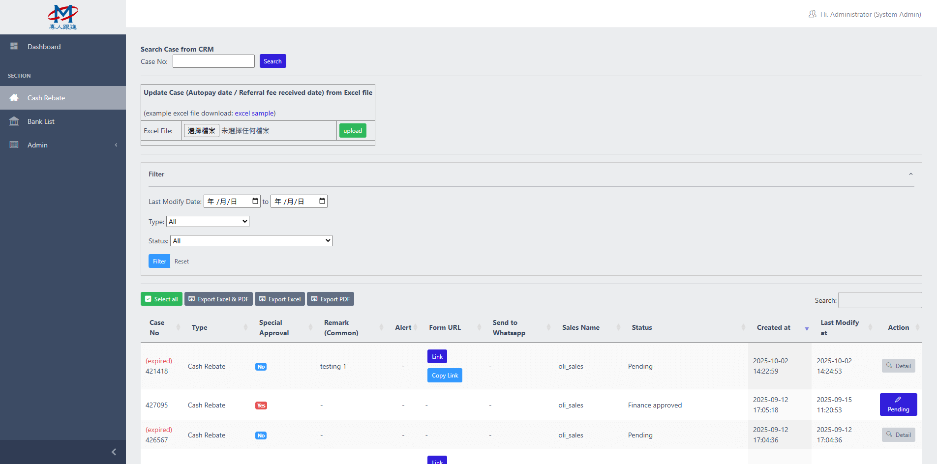 Cash Rebate Filter Export